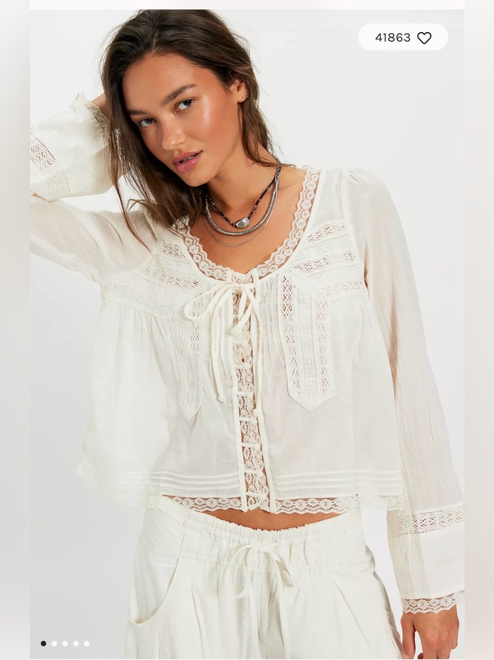 Free People  Lace-Trim long sleeve boho blouse
